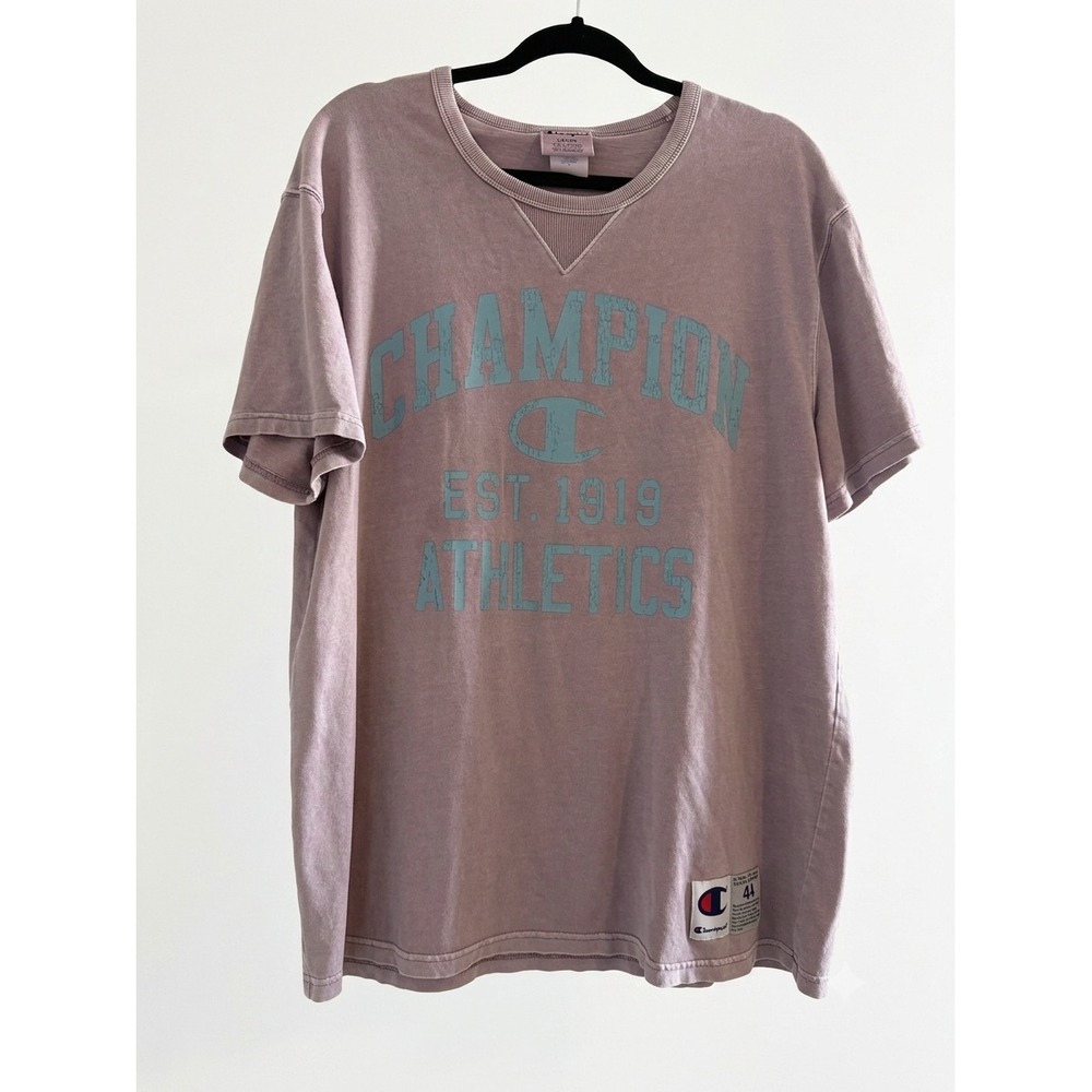 Champion Mens Large T-Shirt Mauve Purple V-Notch Jocktag Est 1919 Athletic Tee